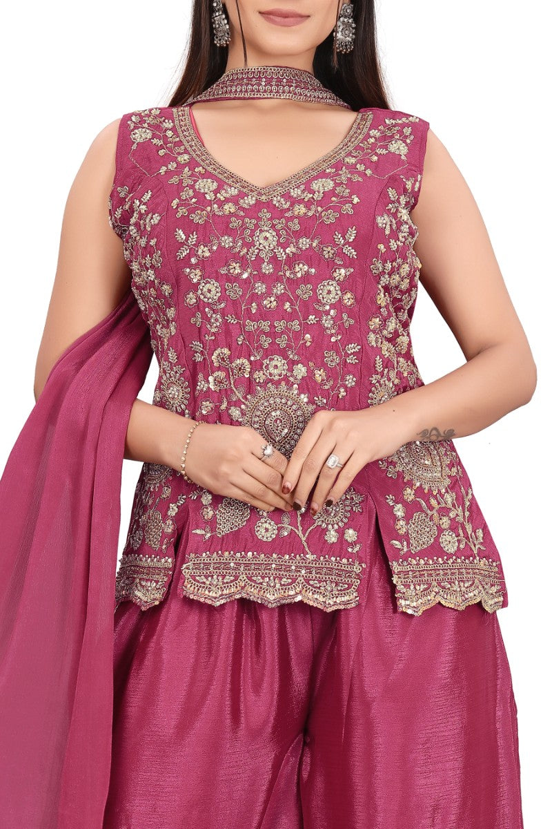 Women's Magenta Heavy hand work with Embroidered work Peplum Top with Palazzo and Dupatta Set