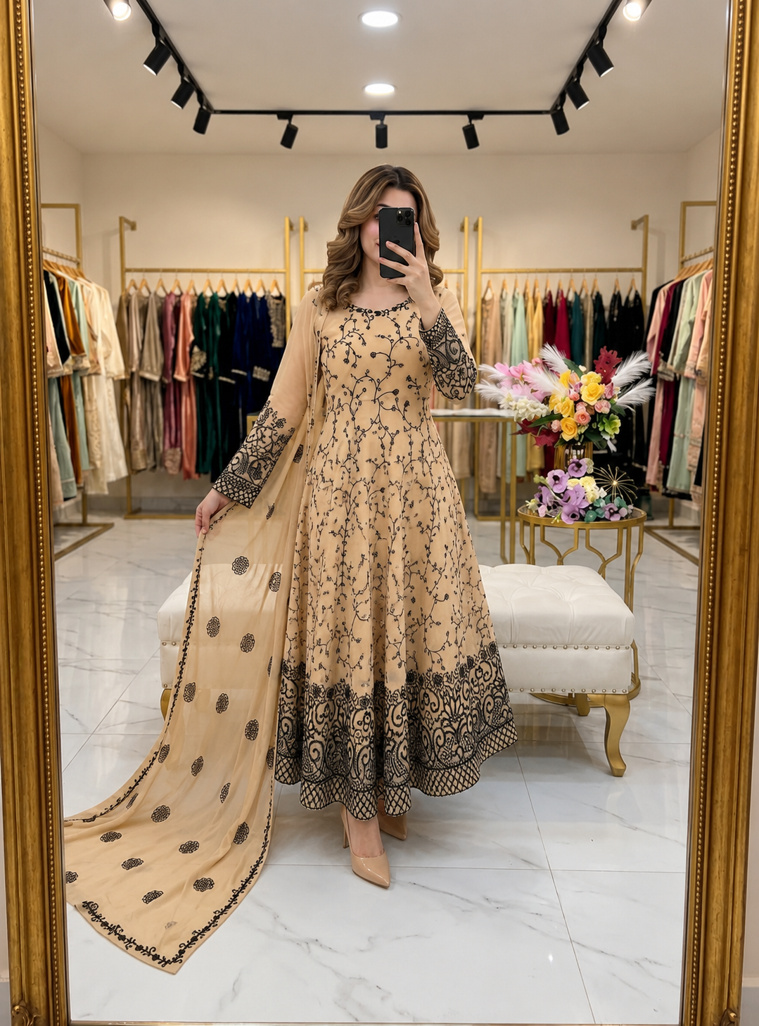 Beige Floral Embroidered Georgette Anarkali Suit with Matching Dupatta