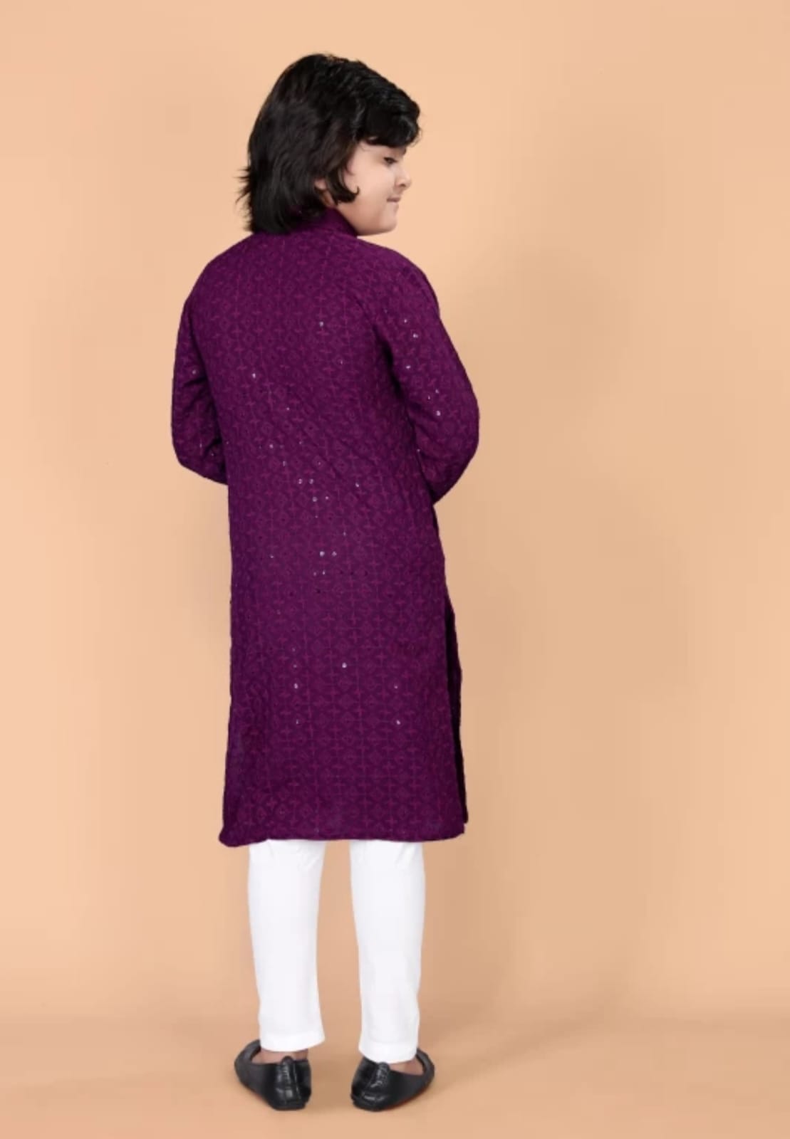 Boys Purple Embroidered Thread Work Cotton Full Sleeve Kurta