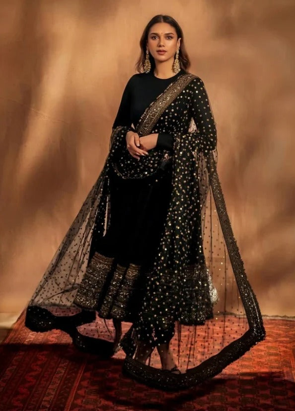 Black Faux Georgette Embroidered Straight Kurta