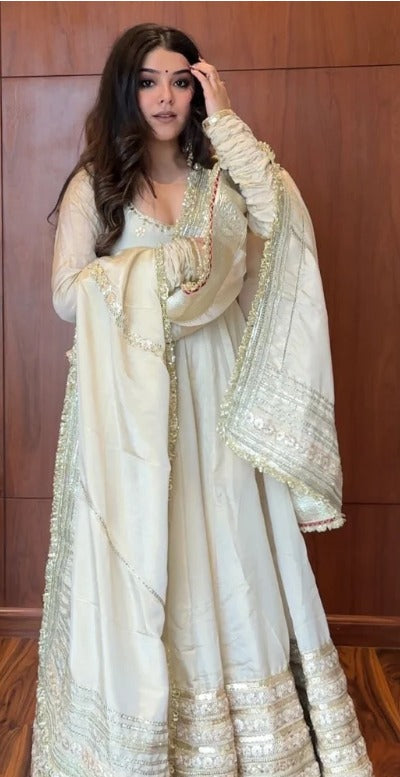 Ivory White Embroidered Silk Anarkali Gown
