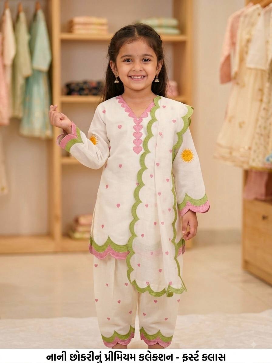 Ivory Pink Heart Embroidered Thread Work Farshi Salwar Suit Set