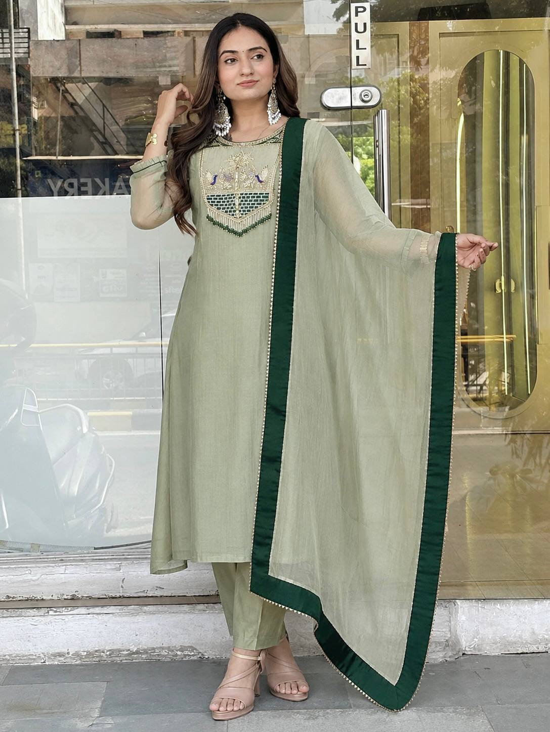 Pastel Green & Pink Embroidered Cotton Blend Straight Kurta with Matching Pants