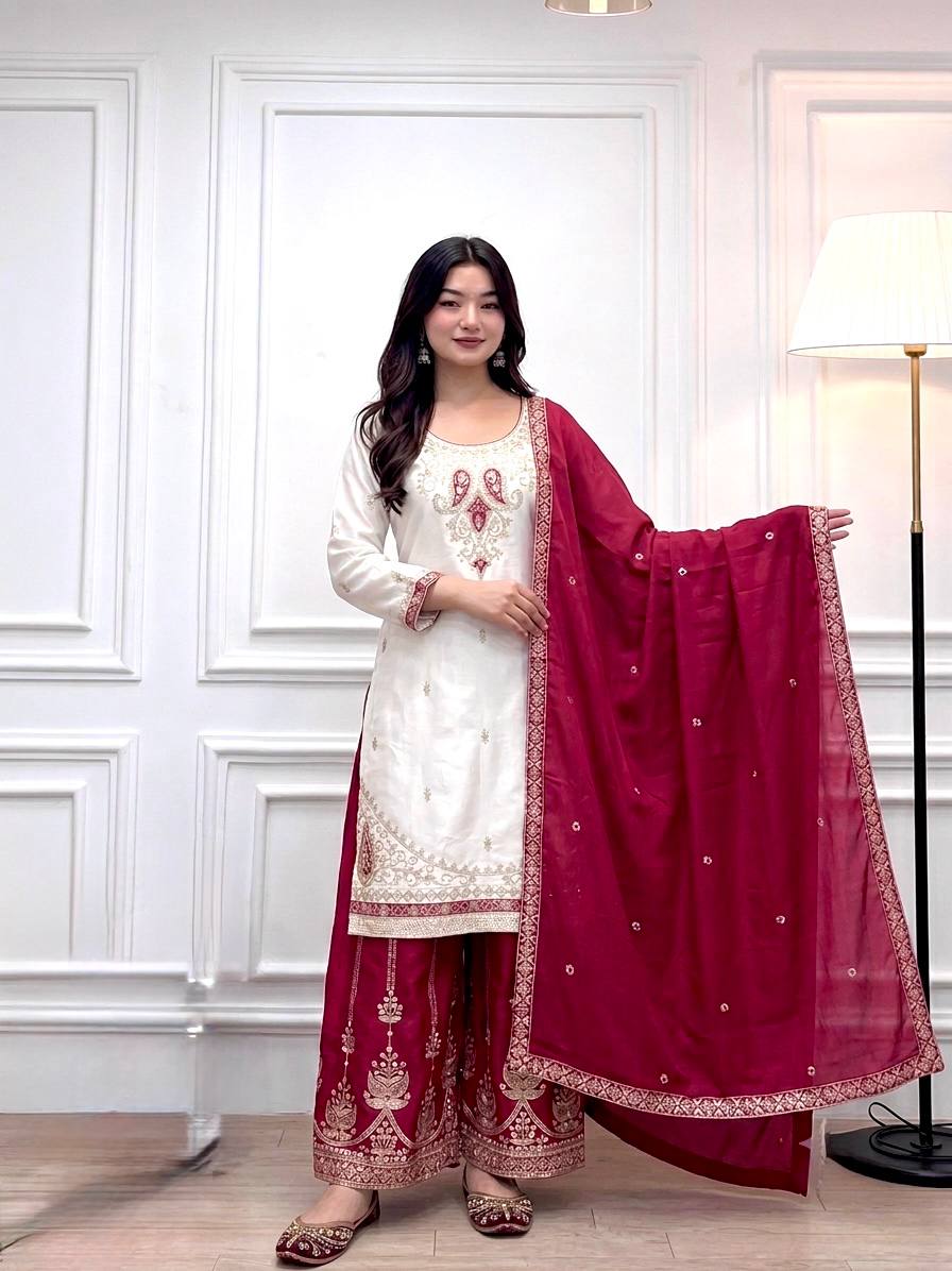 Off White Faux Georgette Embroidered Straight Kurta with Palazzo & Dupatta Set