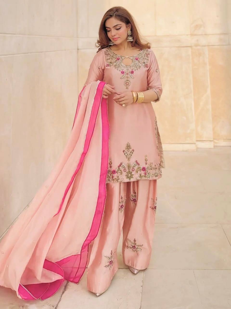 Peach Pink Embroidered Silk Straight Kurta with Palazzo