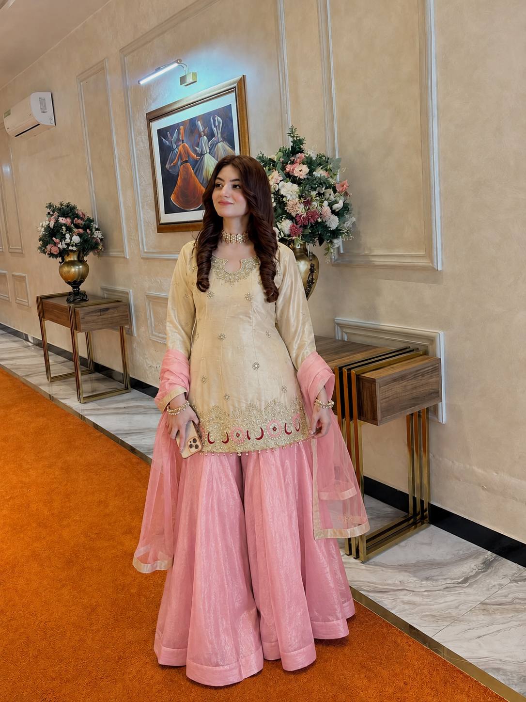 Beige & Pink Embroidered Suit