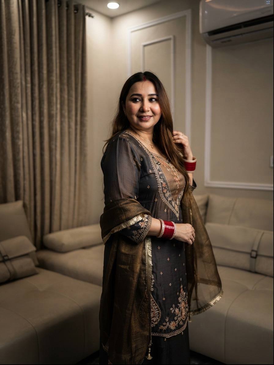 Chocolate Brown Floral Embroidered Moss Silk Suit Set