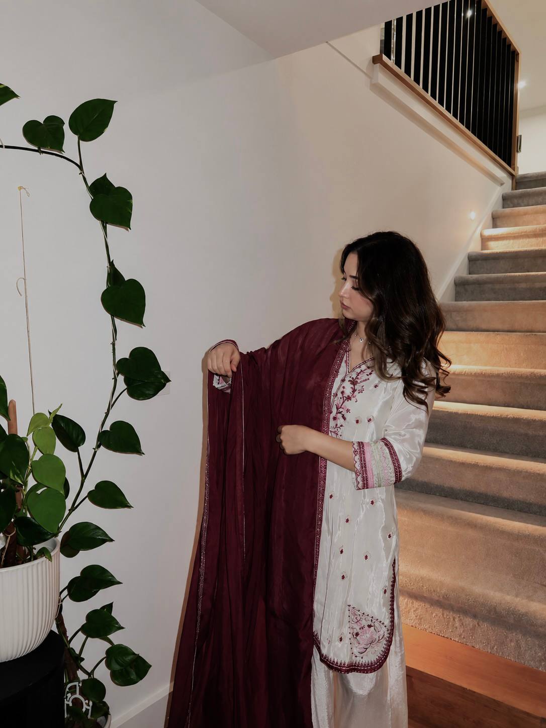 Off White Embroidered Straight Kurta with Palazzo & Dupatta Set
