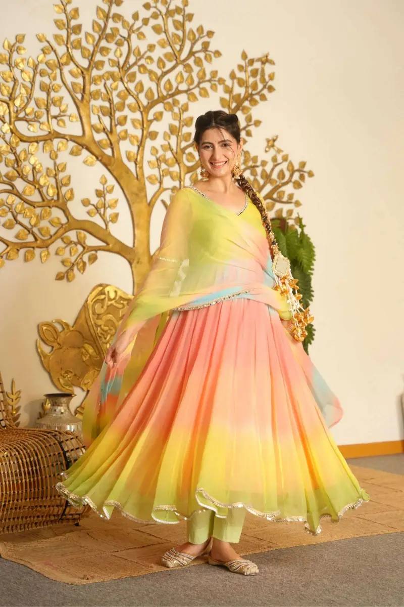 Pastel Ombre Multicolor Embroidered Georgette Anarkali Suit with Flared