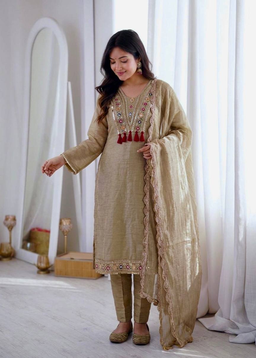 Beige Embroidered Suit with Straight Kurta