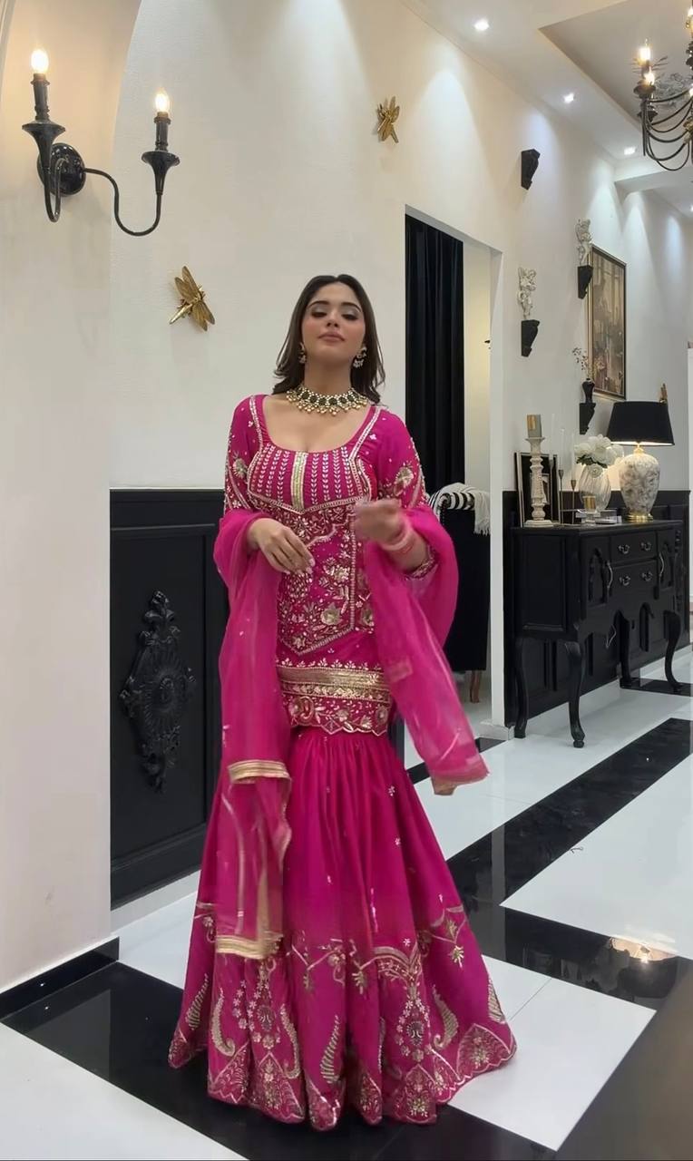 Luxury Rani Pink Embroidered Sharara Suit with Elegant Dupatta Collection