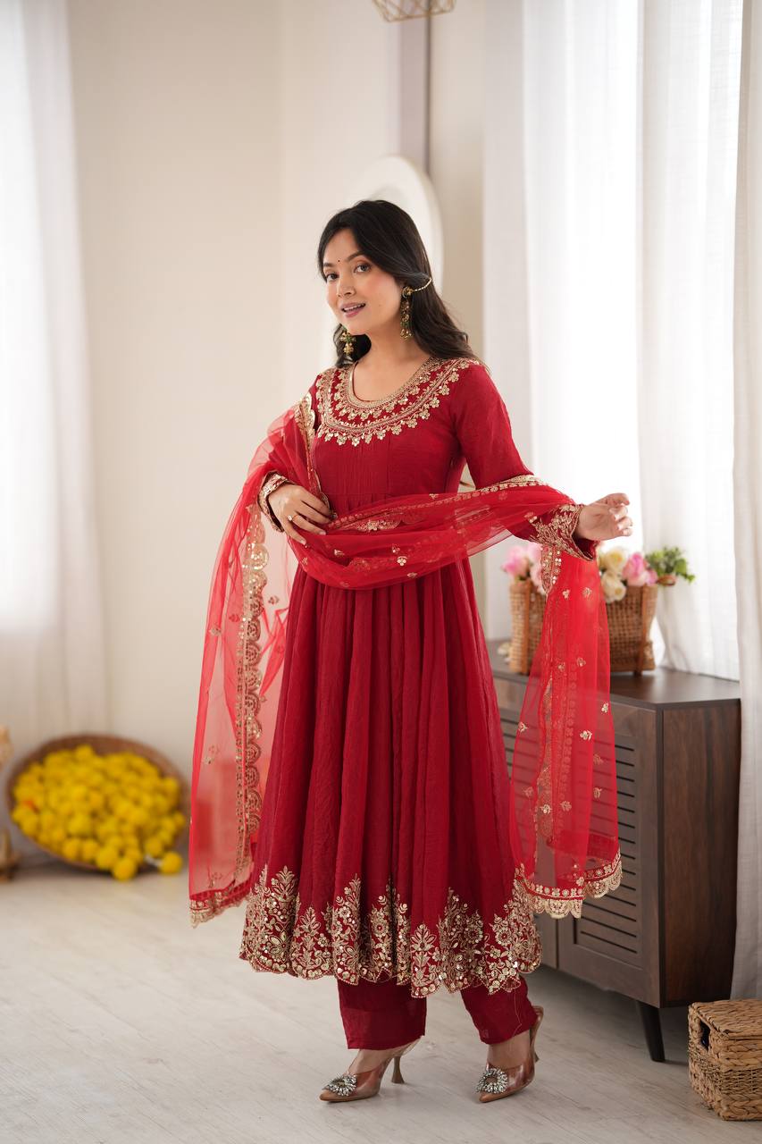 Maroon Embroidered Anarkali Suit Set with Dupatta