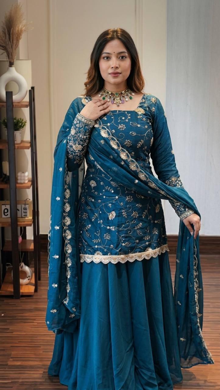 Teal Blue Floral Embroidered Organza Anarkali Suit Set