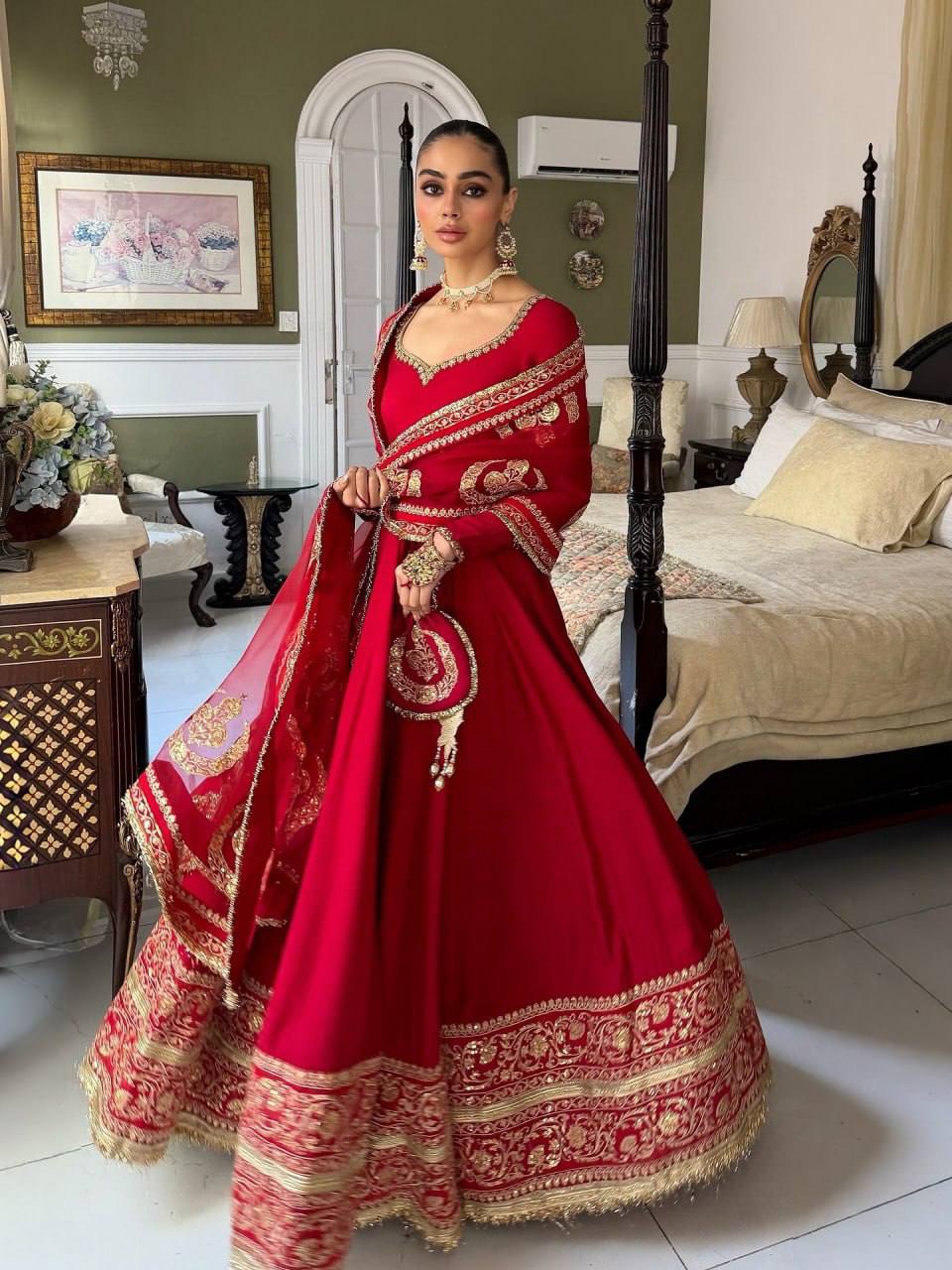 Red Embroidered vichitra Anarkali Suit Set
