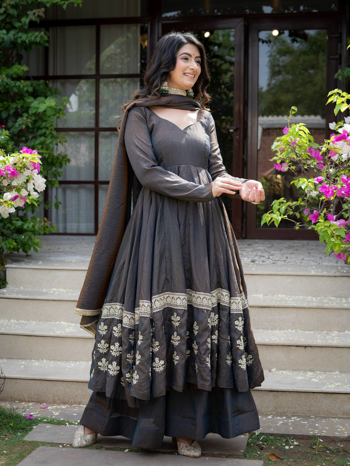 Charcoal Grey Embroidered Silk Anarkali Suit Set with Flared Palazzo & Dupatta