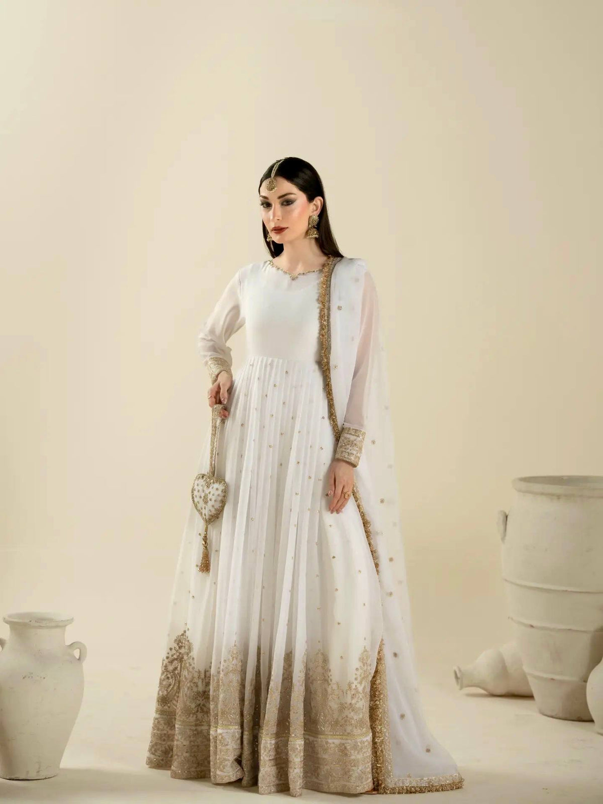 Ivory White Zari Embroidered Georgette Stitched Anarkali with Flared Bottom