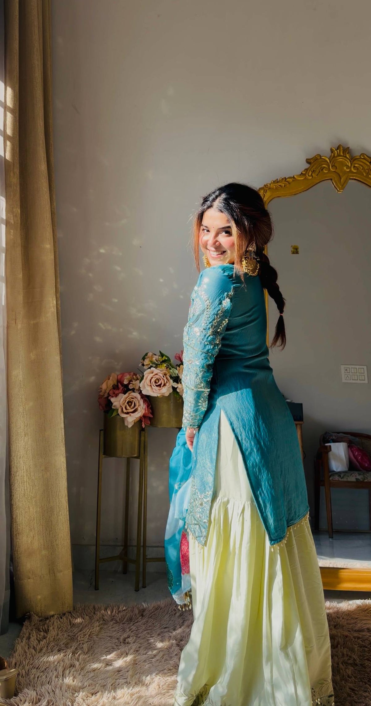 Royal Teal Kurti with Flowing Sharara & Designer Dupatta