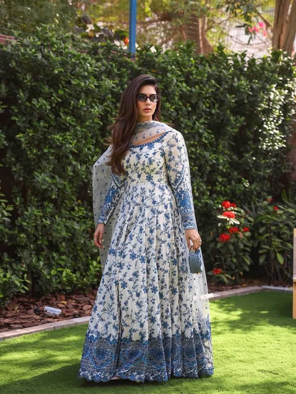 Premium Georgette Blue Floral Anarkali Gown
