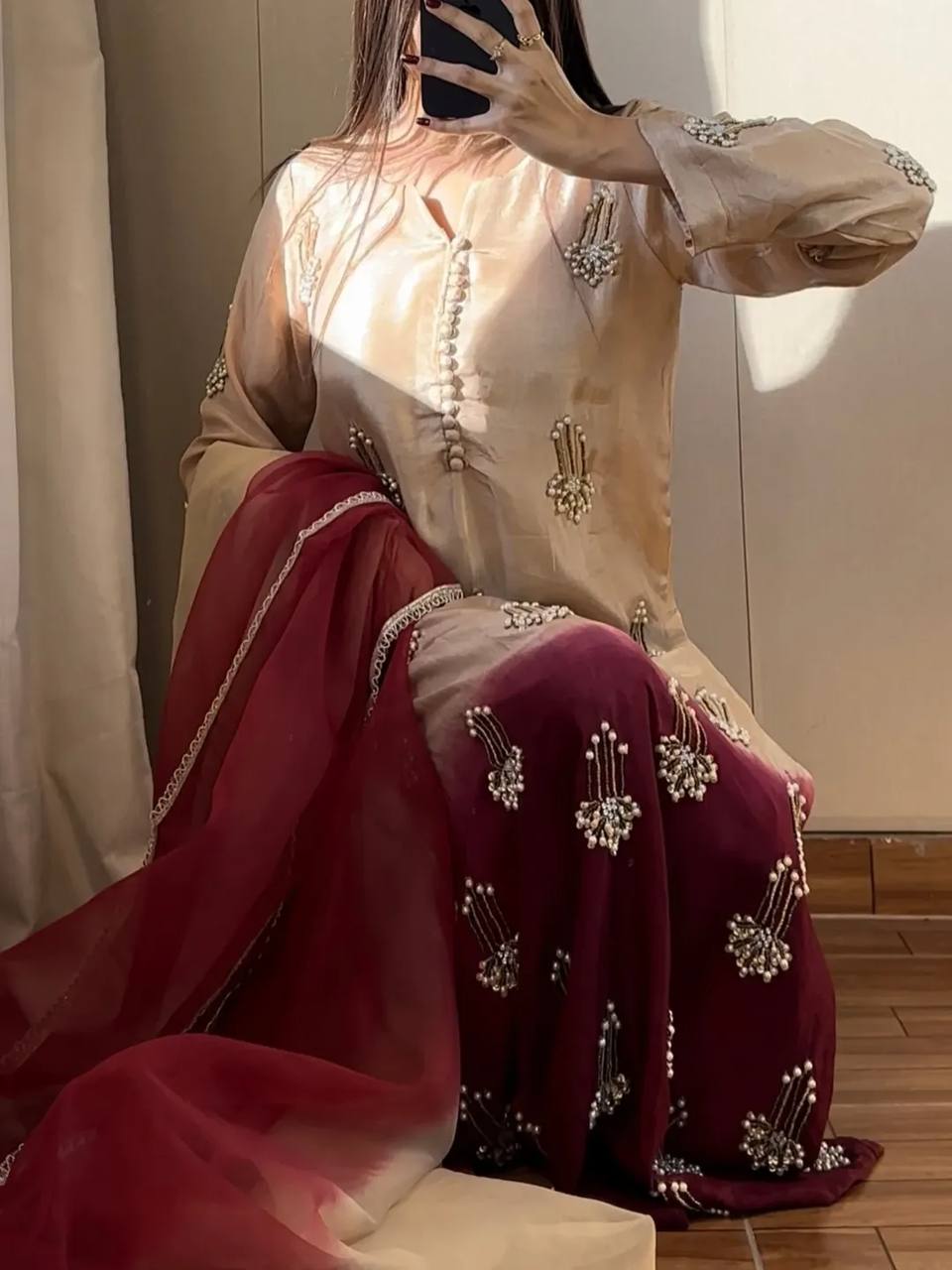 Graceful ethnic look with rich maroon dupatta and classy beige kurta vibes