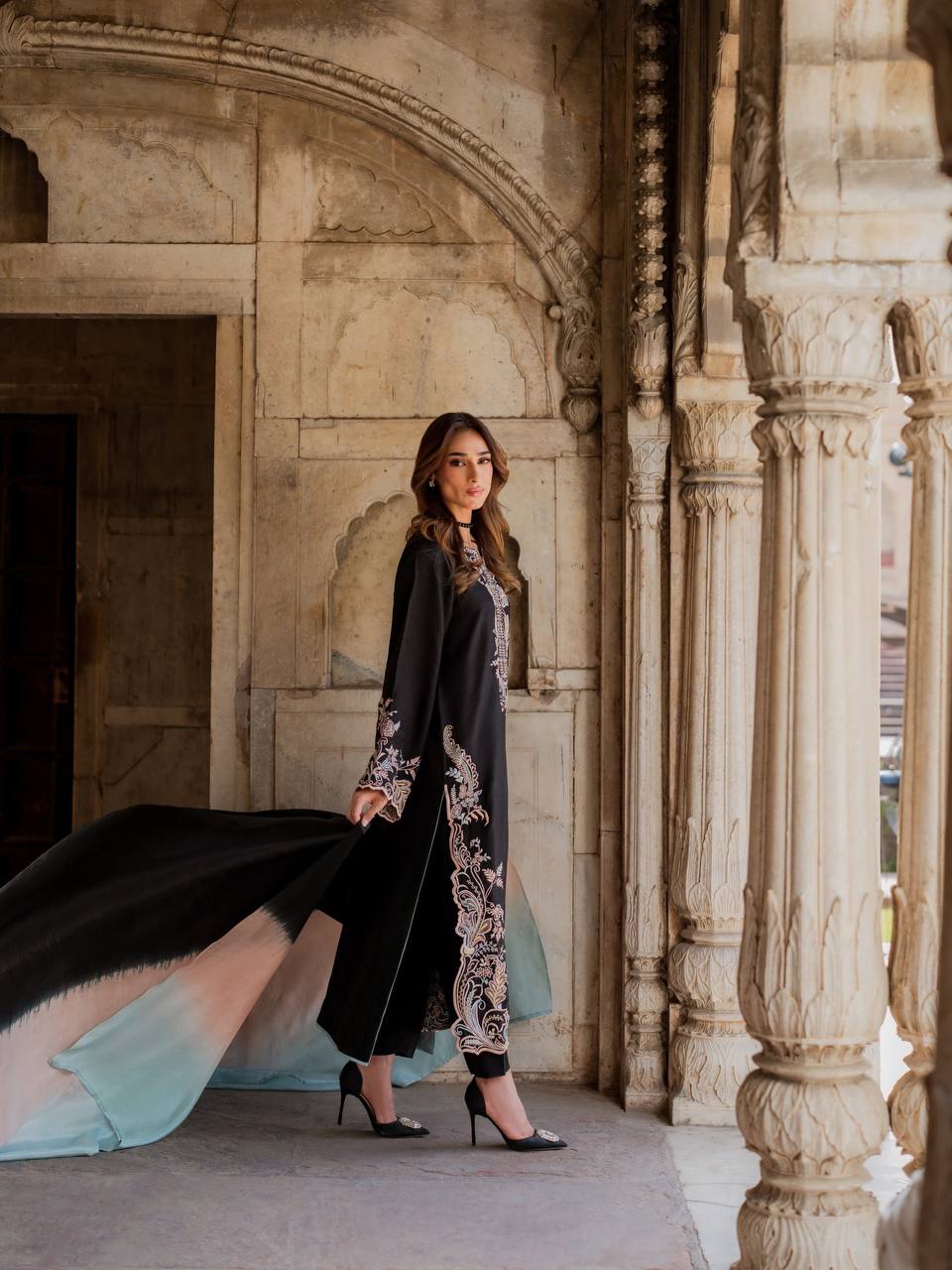 Black Floral Embroidered Rayon Straight Kurta with Flared Sleeves