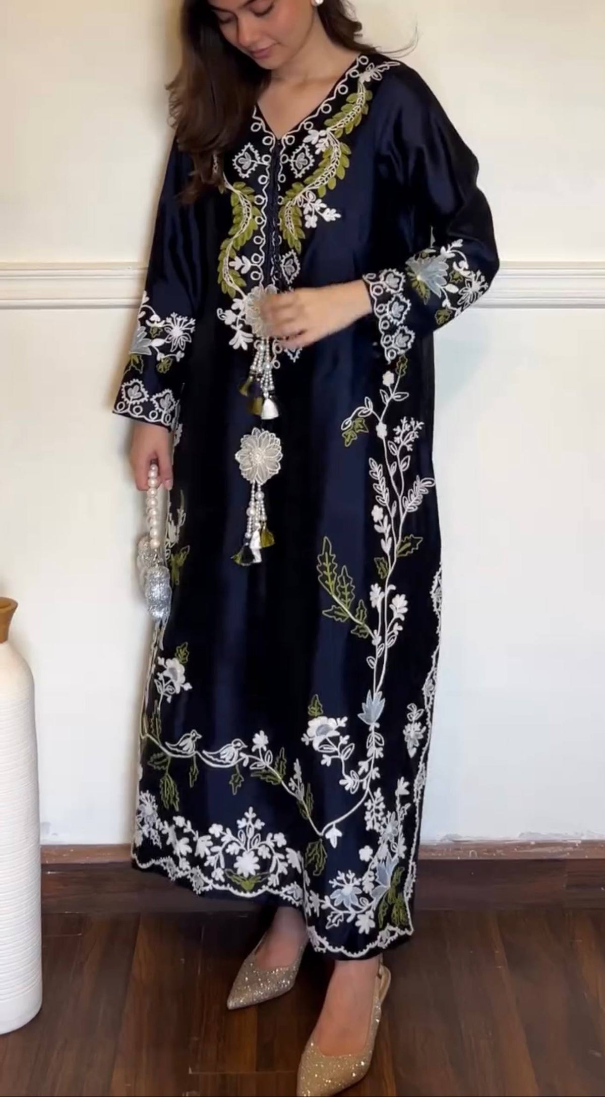 Premium Navy Blue Floral Thread Embroidered Straight Kurta for Women