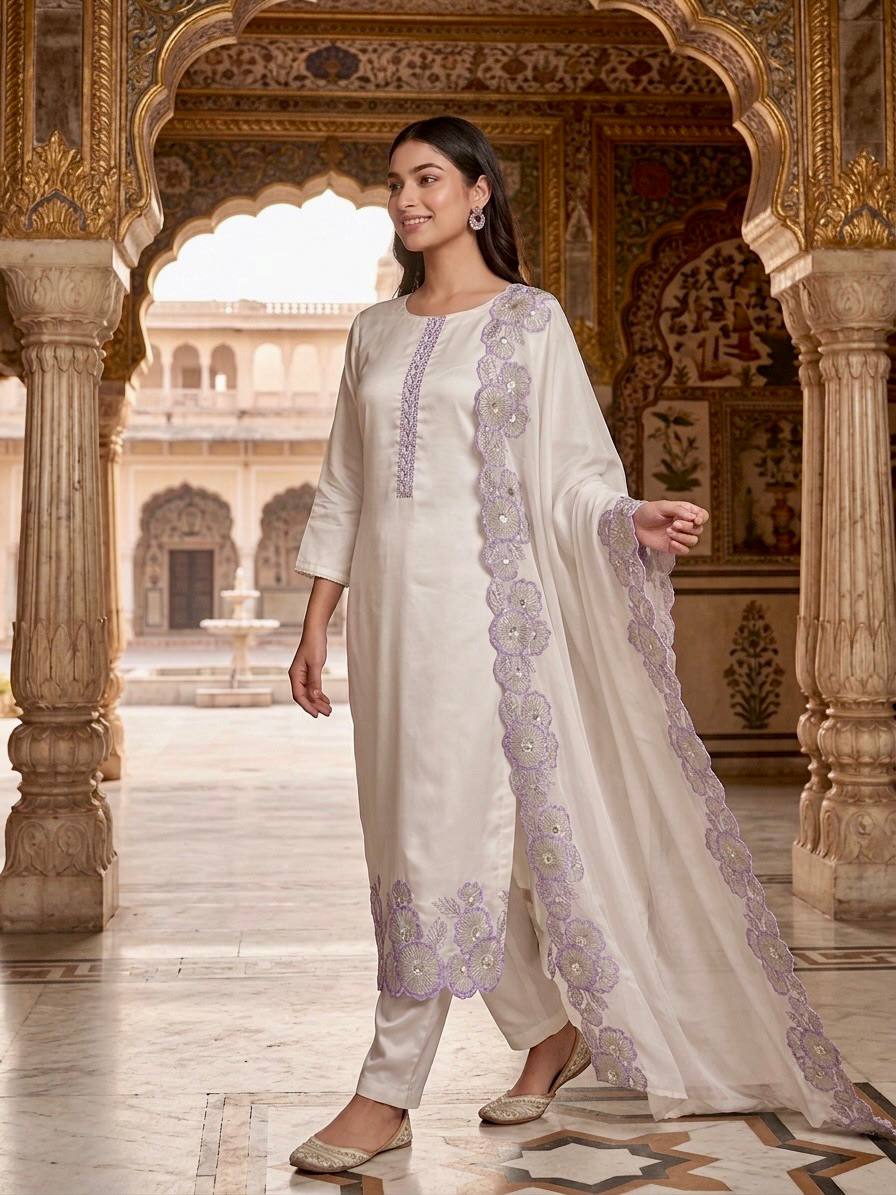 Off White Floral Embroidered Straight Kurta with Dupatta Set