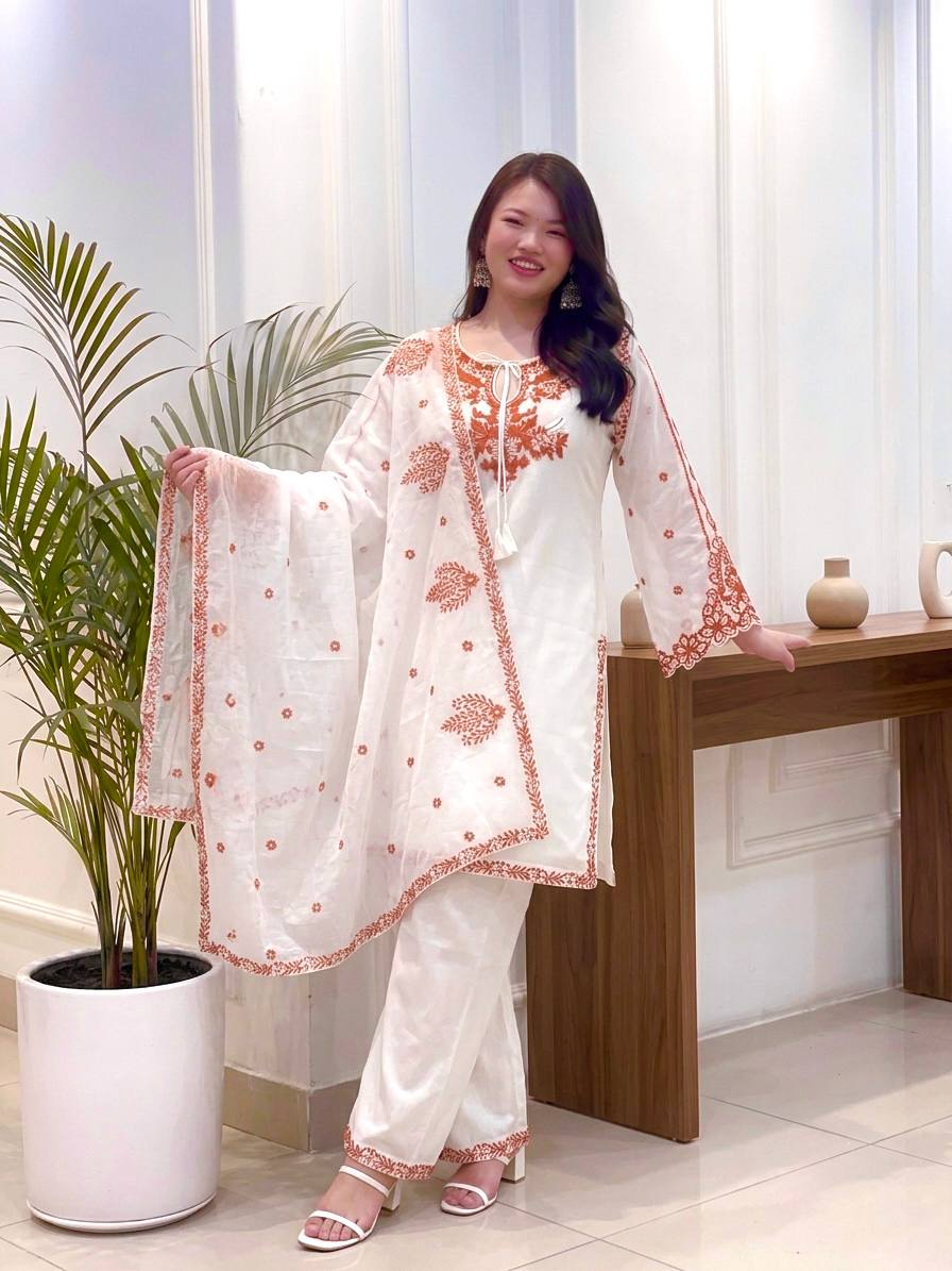 Off-White Straight Kurta with Plazzo & Dupatta Set for Women