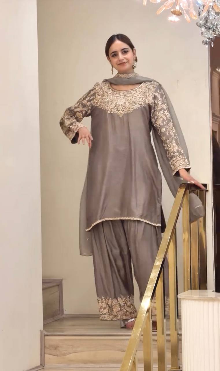 Grey Embroidered Chinnon Silk Blend Straight Suit Set with Floral Work, Farshi Plazzo Bottom & Dupatta