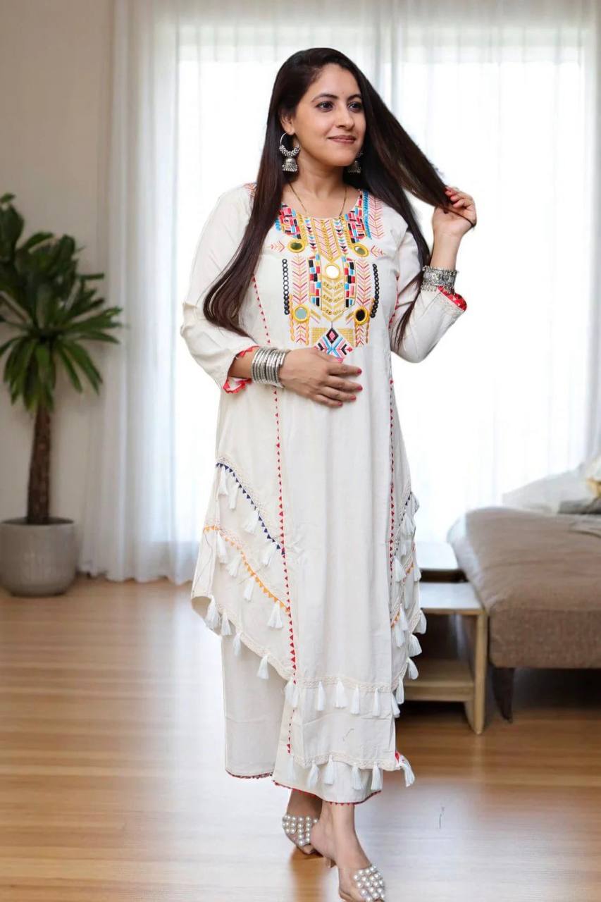 White Multicolor Embroidered Cotton A-Line Kurta with Straight Pants