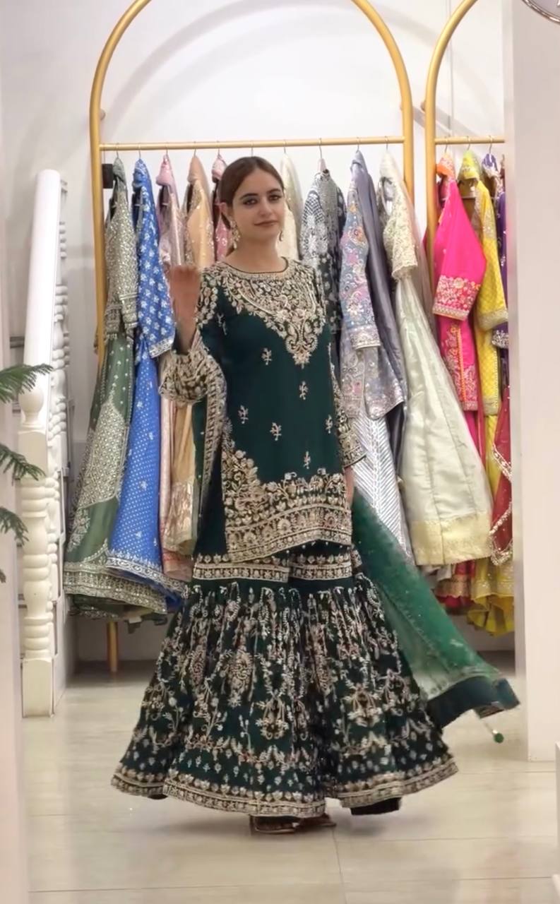 Bottle Green Heavy Embroidered Georgette Plazzo Suit with Dupatta