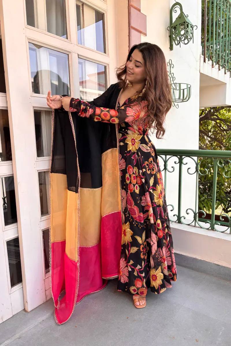Black Floral Printed Anarkali Suit with Dupatta