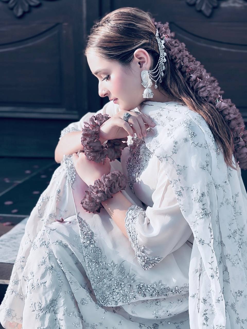Ivory White Embroidered Silk Suit with Palazzo Dupatta