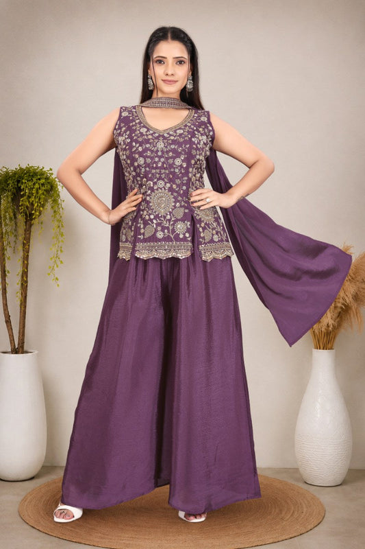 Elegant Women's Purple Festive Wear Sleeveless Peplum Top and Palazzos with Dupatta