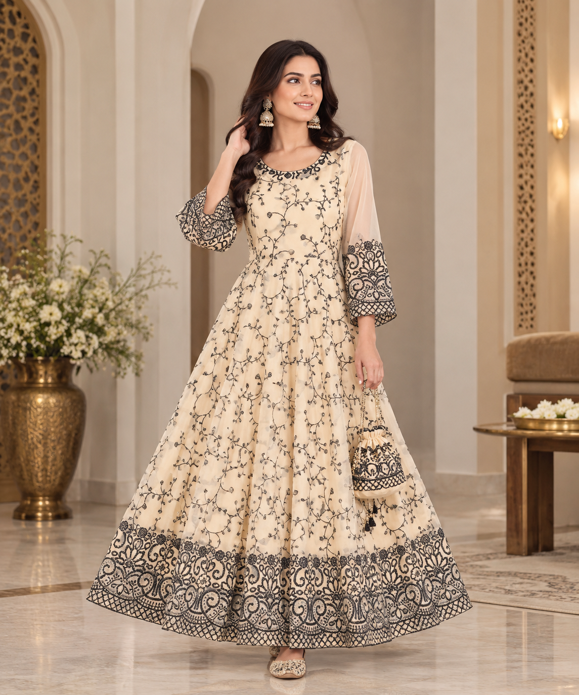 Beige Floral Embroidered Georgette Anarkali Suit with Matching Dupatta