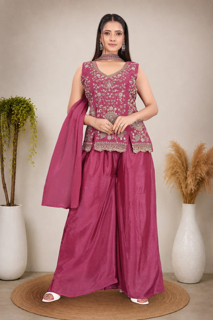 Women's Magenta Heavy hand work with Embroidered work  Peplum Top with Palazzo and Dupatta Set