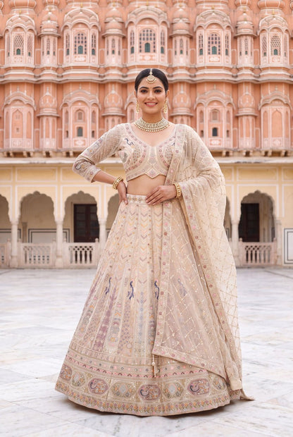 Exquisite Beige Embroidered Lehenga Choli Set with Dupatta – Designer Indian Ethnic Wear for Weddings and Festive Occasions