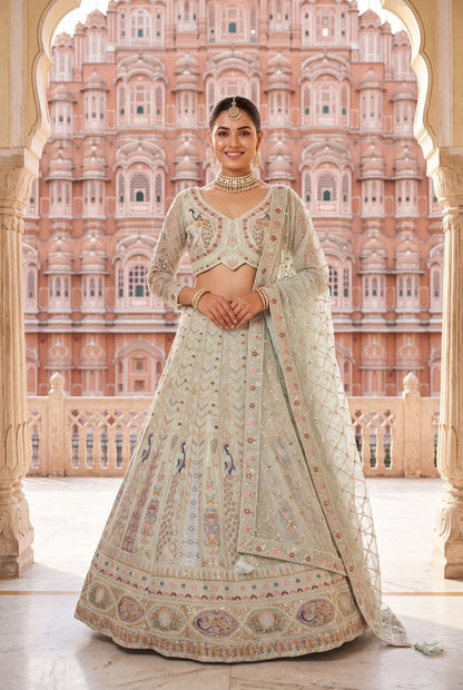 Designer Pastel Mint Lehenga Choli with Heavy Thread & Zari Embroidery, Perfect for Bridal & Festive Occasions
