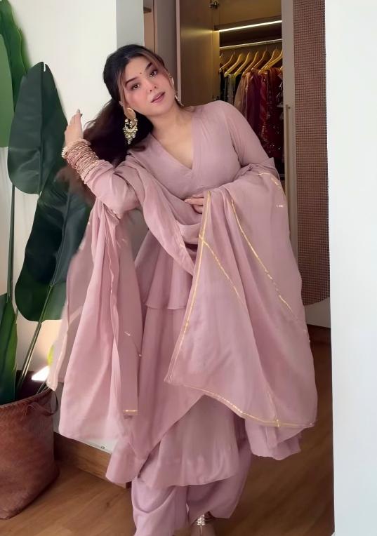 Dusty Pink Layered Anarkali Suit with Embellished Dupatta