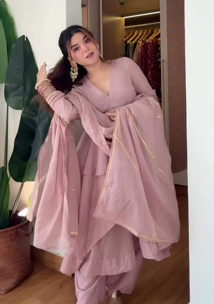 Dusty Pink Layered Anarkali Suit with Embellished Dupatta
