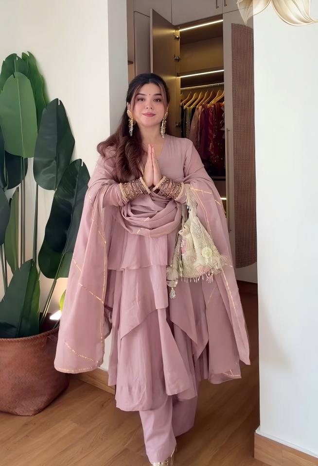 Dusty Pink Layered Anarkali Suit with Embellished Dupatta