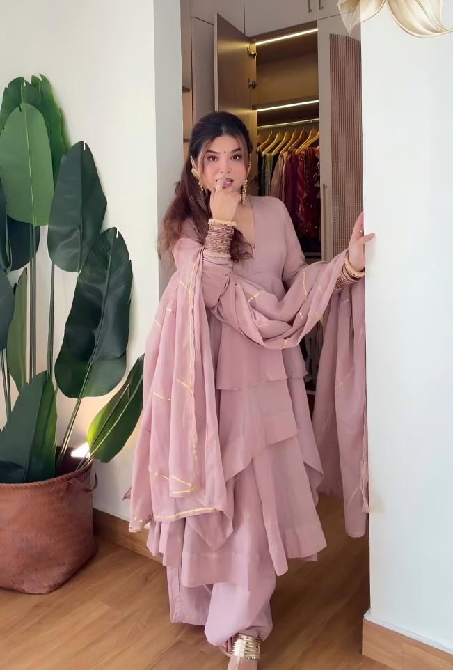 Dusty Pink Layered Anarkali Suit with Embellished Dupatta
