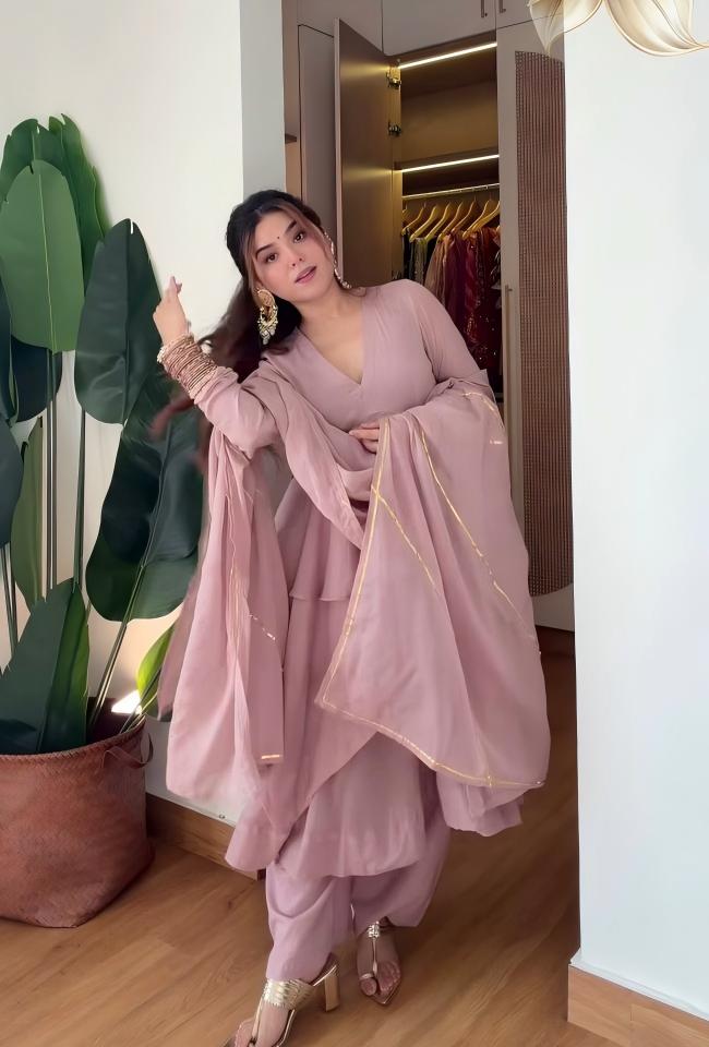 Dusty Pink Layered Anarkali Suit with Embellished Dupatta