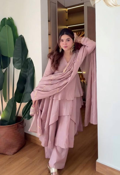 Dusty Pink Layered Anarkali Suit with Embellished Dupatta