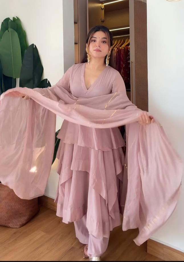 Dusty Pink Layered Anarkali Suit with Embellished Dupatta