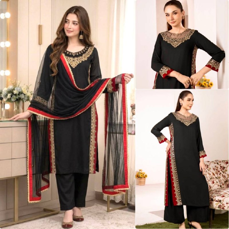 Women's Black Embroidered Straight Kurta Set with Nazmin Dupatta