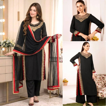 Women's Black Embroidered Straight Kurta Set with Nazmin Dupatta