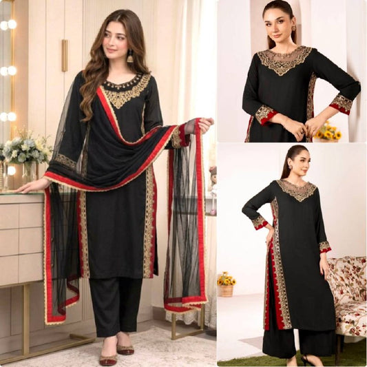 Women's Black Embroidered Straight Kurta Set with Nazmin Dupatta