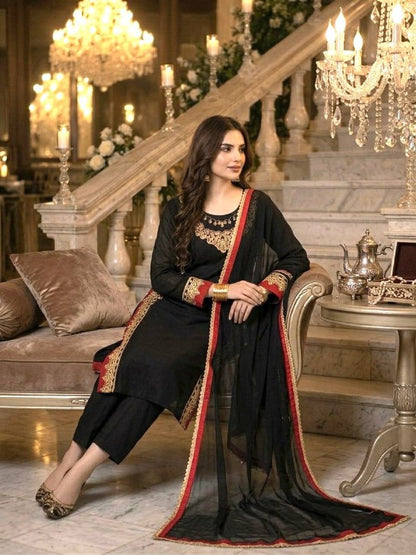 Women's Black Embroidered Straight Kurta Set with Nazmin Dupatta
