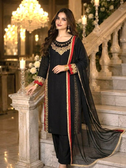 Women's Black Embroidered Straight Kurta Set with Nazmin Dupatta