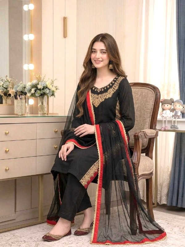 Women's Black Embroidered Straight Kurta Set with Nazmin Dupatta
